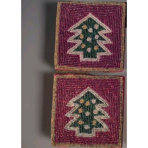 Set Of (4) 4" Square Holiday Hand Made Beaded Christmas Tree Coasters - Picture 3 of 6
